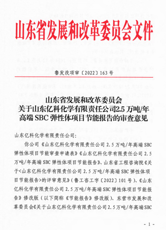 《山東省發(fā)展和改革委員會(huì)關(guān)于山東億科化學(xué)有限責(zé)任公司2.5萬噸/年高端SBC彈性體項(xiàng)目節(jié)能報(bào)告的審查意見》成功獲批